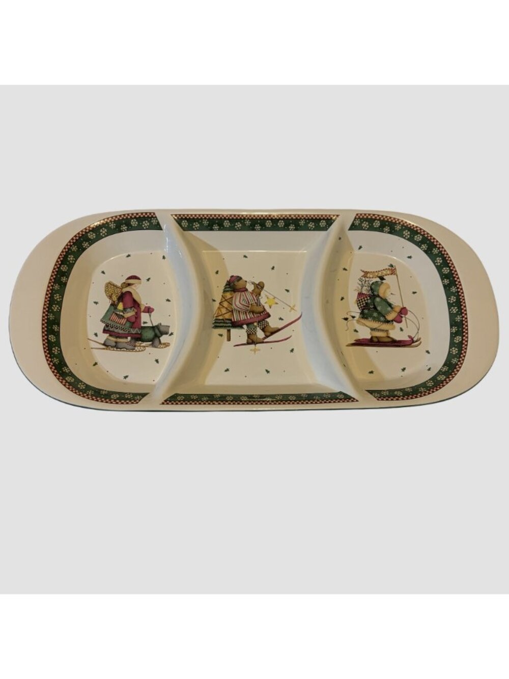 Sakura Debbie Mumm Sledding Snowman Bear 3 Part Relish Dish Christmas Platter - Picture 8 of 14